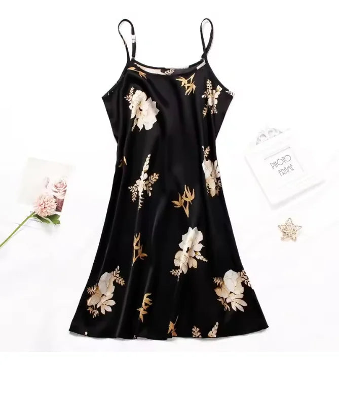 Black Floral Print Nightdress – Silk Sleepwear Nightgown for Women