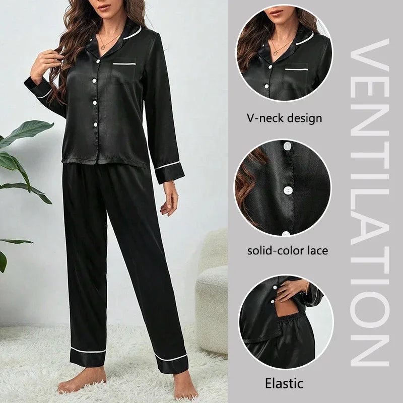 Plus Size Autumn & Winter Silk Pajamas – Women’s Button Cardigan Top & Pants Sleepwear