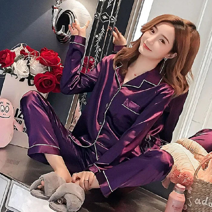 Plus Size Autumn & Winter Silk Pajamas – Women’s Button Cardigan Top & Pants Sleepwear