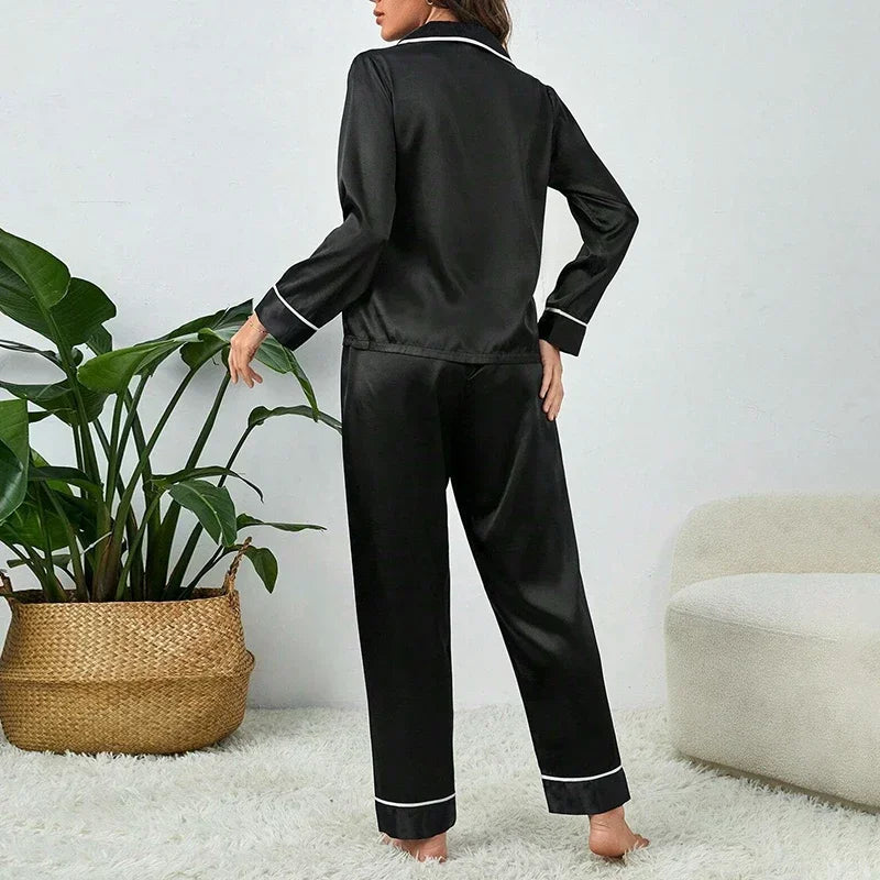 Plus Size Autumn & Winter Silk Pajamas – Women’s Button Cardigan Top & Pants Sleepwear